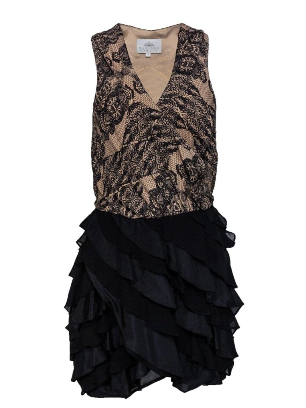 * Madison Marcus Merriment Beige & Black Lace Print Sleeveless Silk Dress